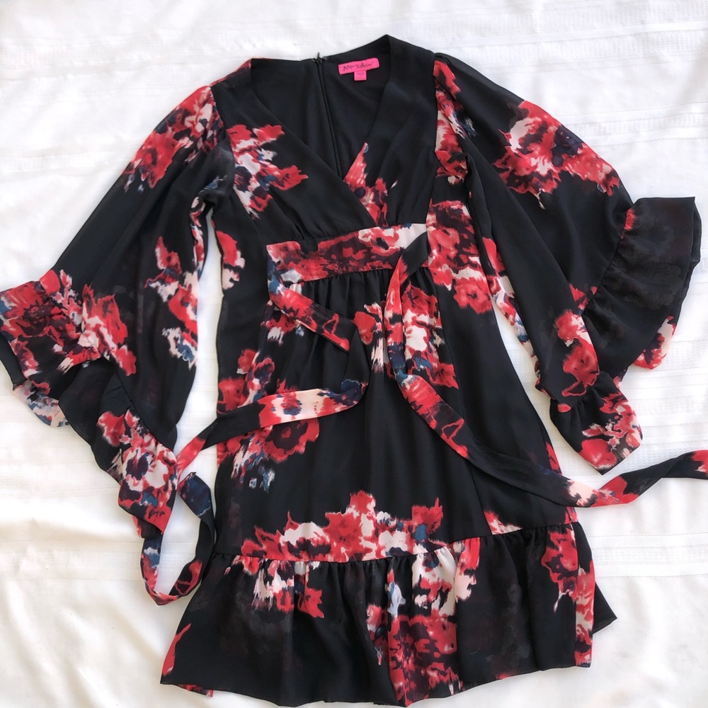 Betsey Johnson dress floral print surplice front size 2 black red bell sleeve - Picture 9 of 12